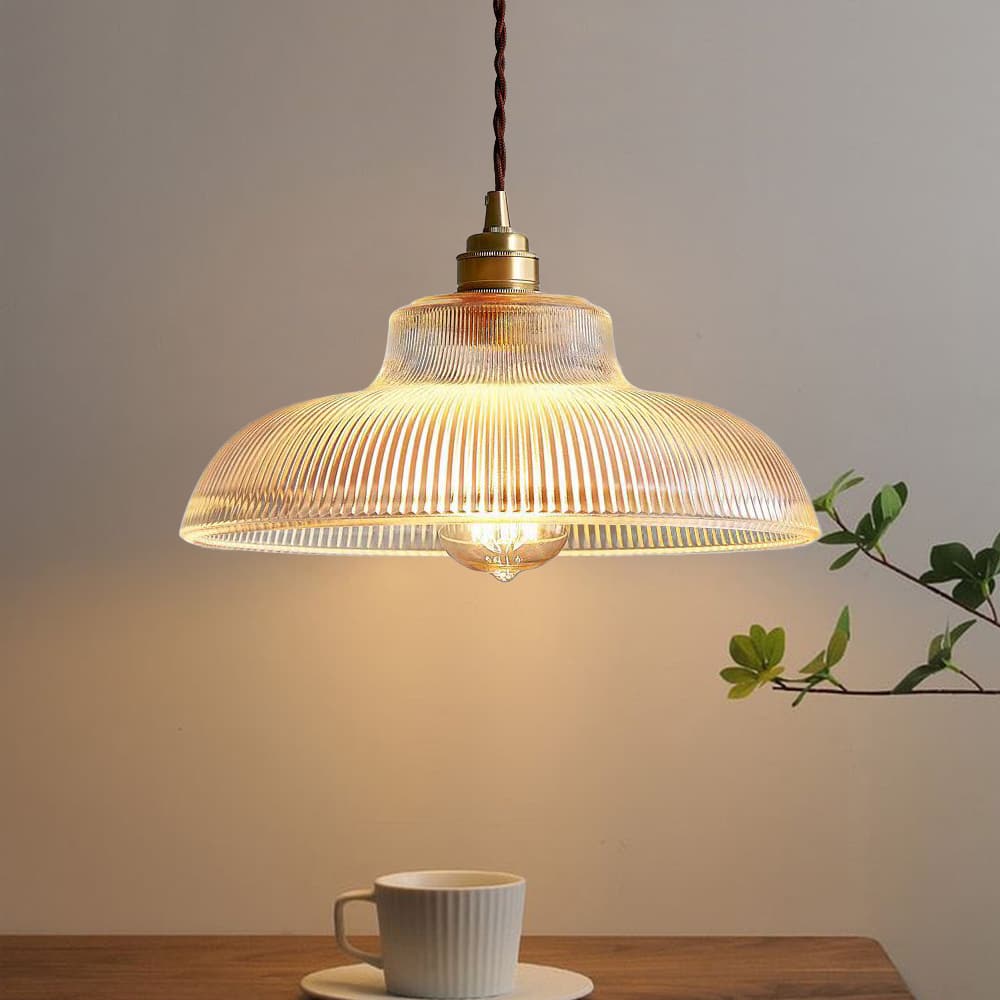 Prismatic Ribbed Glass Pendant Light with Brass-Effect Detail