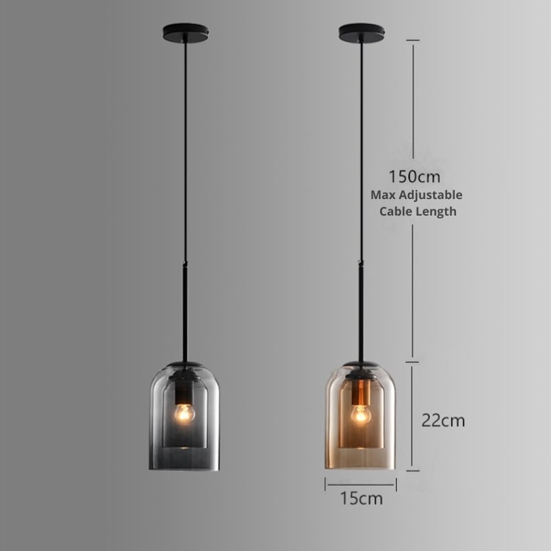 Double Glass Pendant Light, Mid-Century Iron, E27, Dimmable