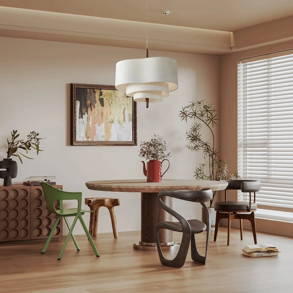 Japandi Fabric Pendant Light with Wood and Metal, Two Sizes