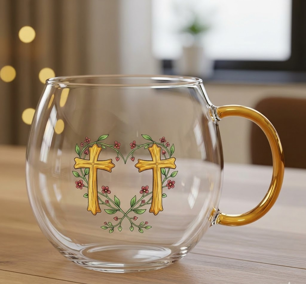 Hand-Painted Glass Christmas Mug with Winter Motif and Handle