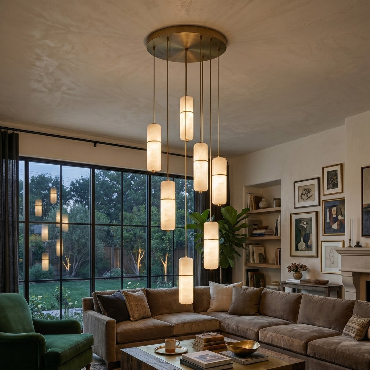 Brass and Alabaster-Style Chandelier, LED, 1 to 15 Lights