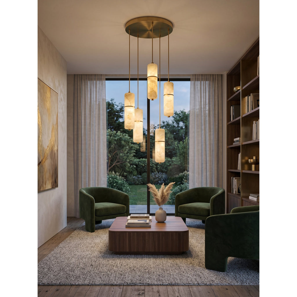 Brass and Alabaster-Style Chandelier, LED, 1 to 15 Lights