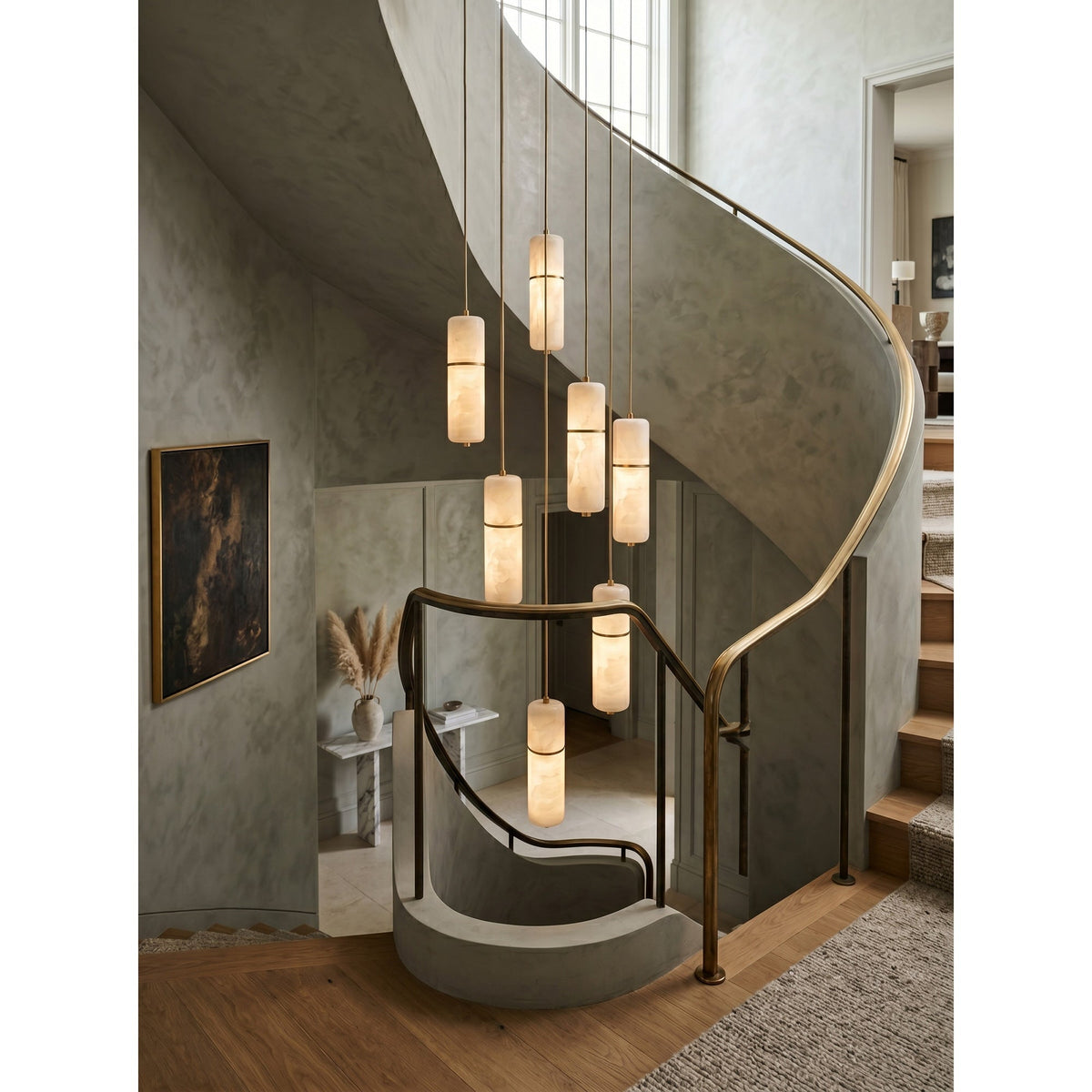 Brass and Alabaster-Style Chandelier, LED, 1 to 15 Lights