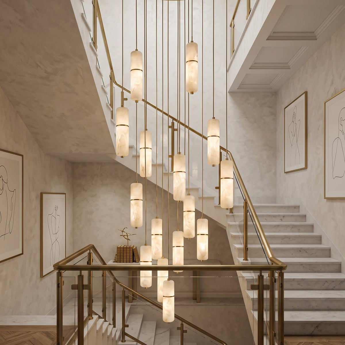 Brass and Alabaster-Style Chandelier, LED, 1 to 15 Lights