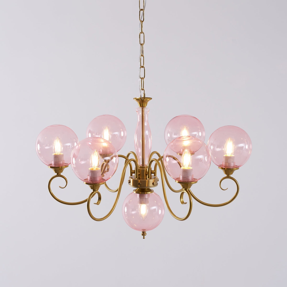 Hand-Blown Glass Chandelier with Aged Brass-Effect Frame, Dimmable