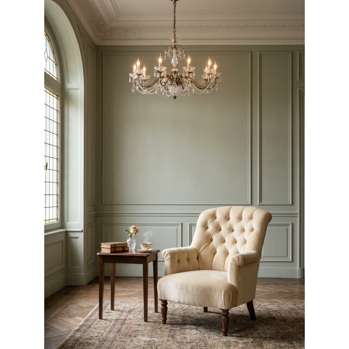 Crystal Chandelier with Glass Shades, Gold Finish, E14