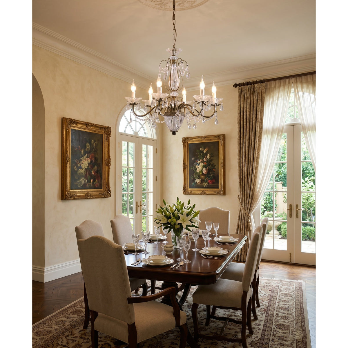 Crystal Chandelier with Glass Shades, Gold Finish, E14