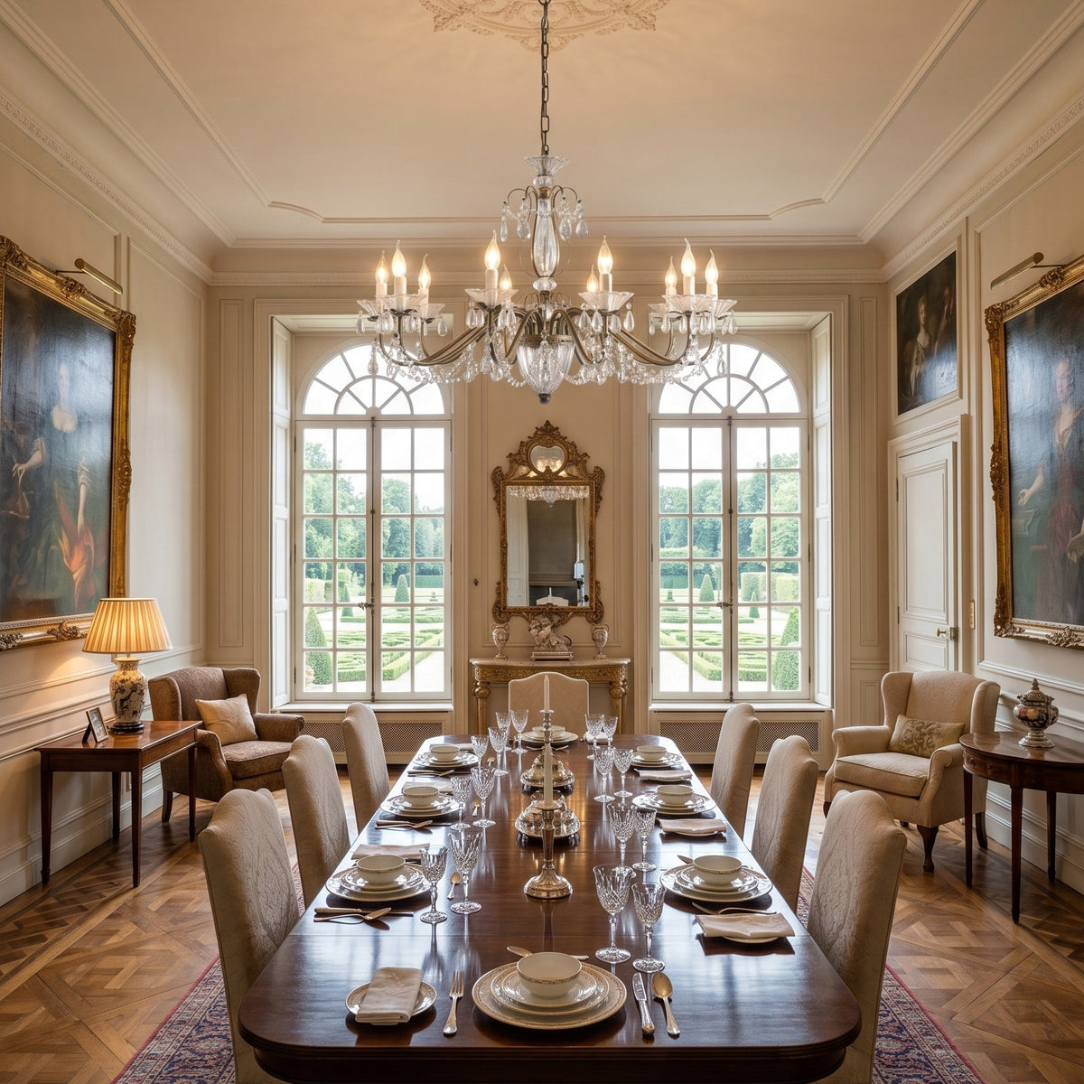 Crystal Chandelier with Glass Shades, Gold Finish, E14