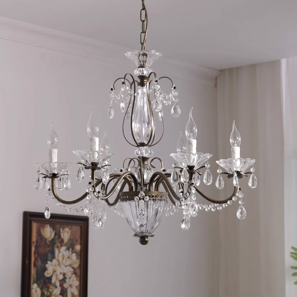 Crystal Chandelier with Glass Shades, Gold Finish, E14