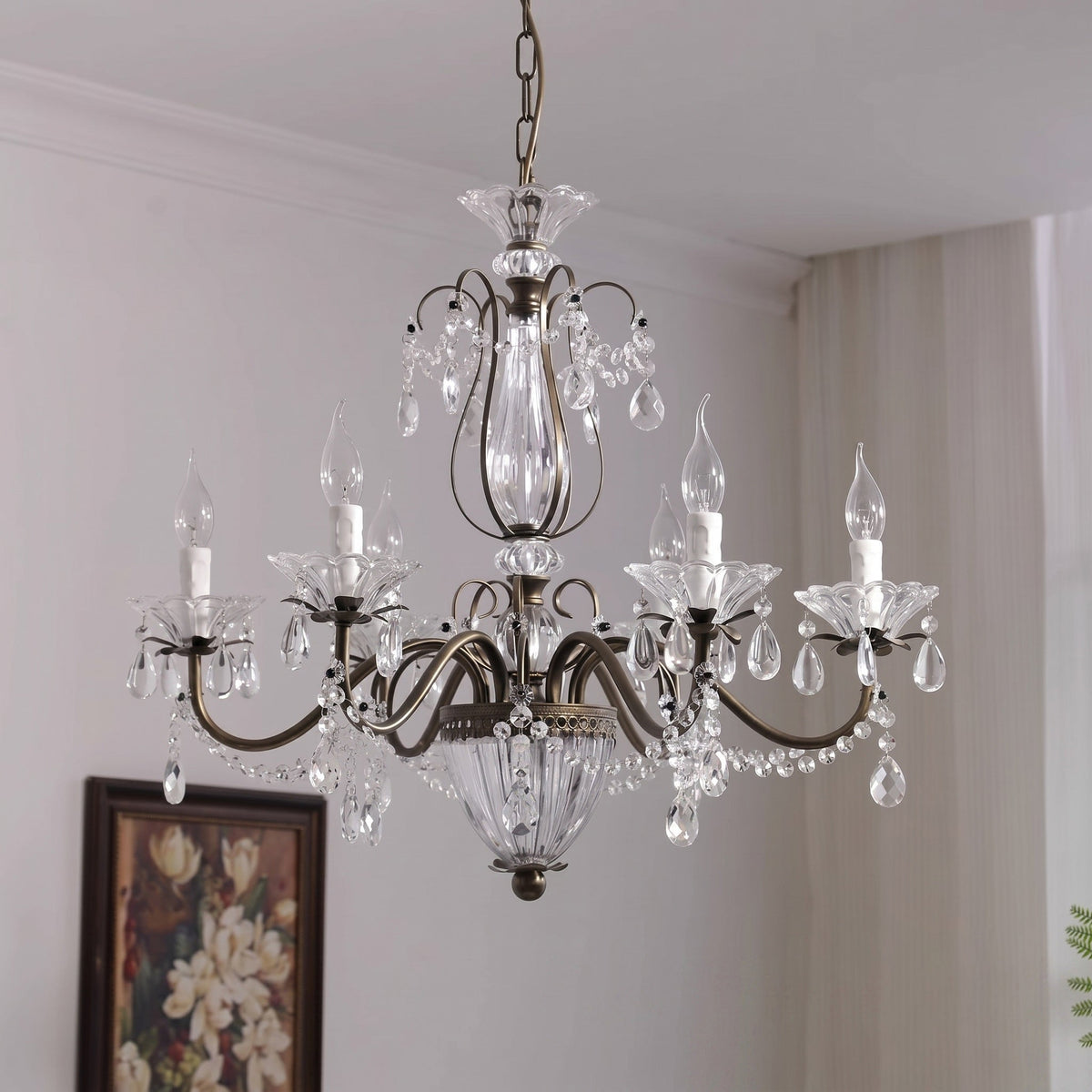 Crystal Chandelier with Glass Shades, Gold Finish, E14