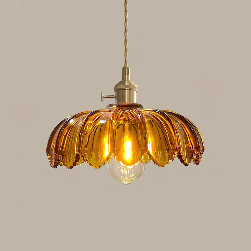 Retro Brass Pendant Light with Petal Glass Shade, 25cm