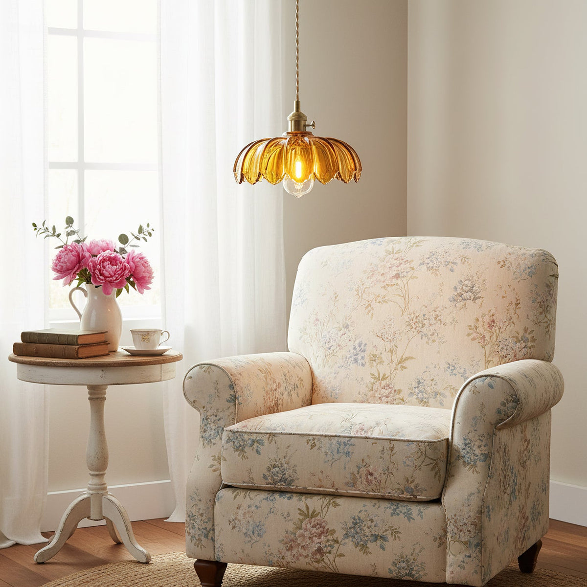 Retro Brass Pendant Light with Petal Glass Shade, 25cm