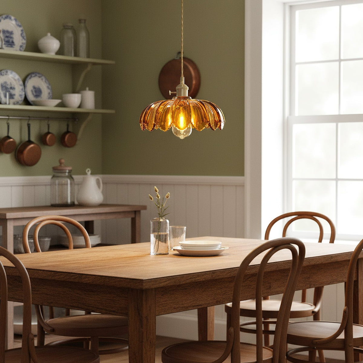 Retro Brass Pendant Light with Petal Glass Shade, 25cm
