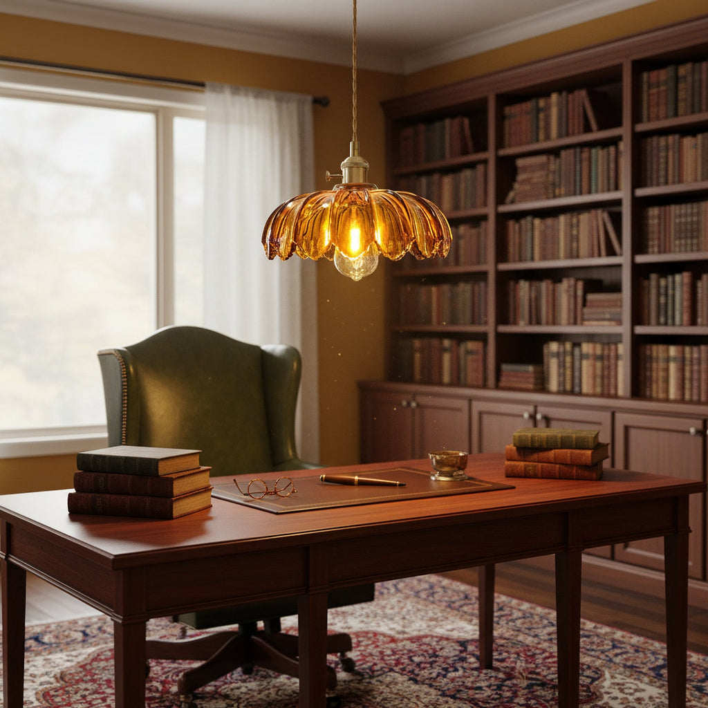 Retro Brass Pendant Light with Petal Glass Shade, 25cm