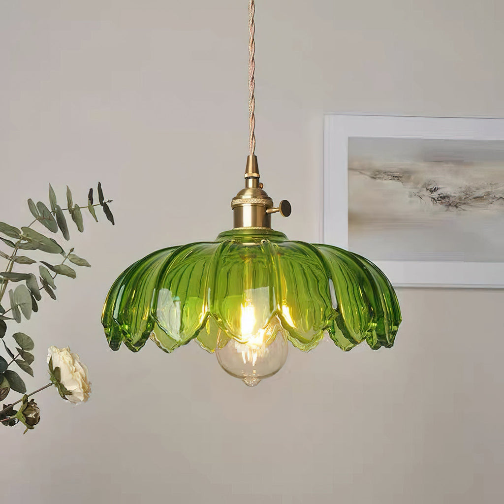 Retro Brass Pendant Light with Petal Glass Shade, 25cm