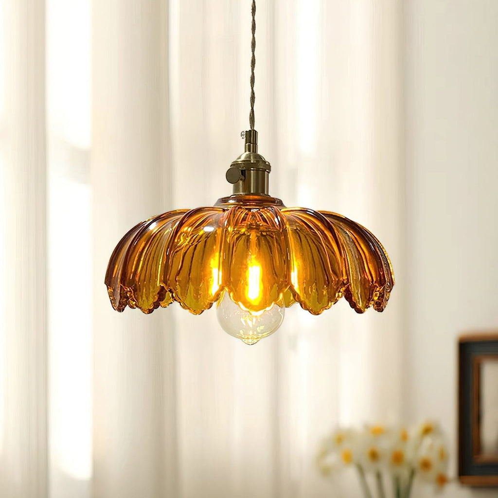 Retro Brass Pendant Light with Petal Glass Shade, 25cm
