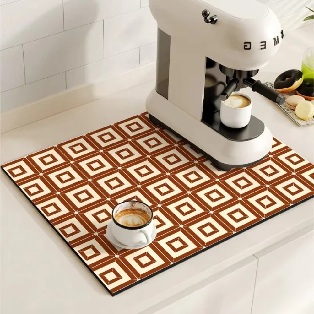 Retro Tile Print Absorbent Coffee Mat, Quick-Dry Drying Mat