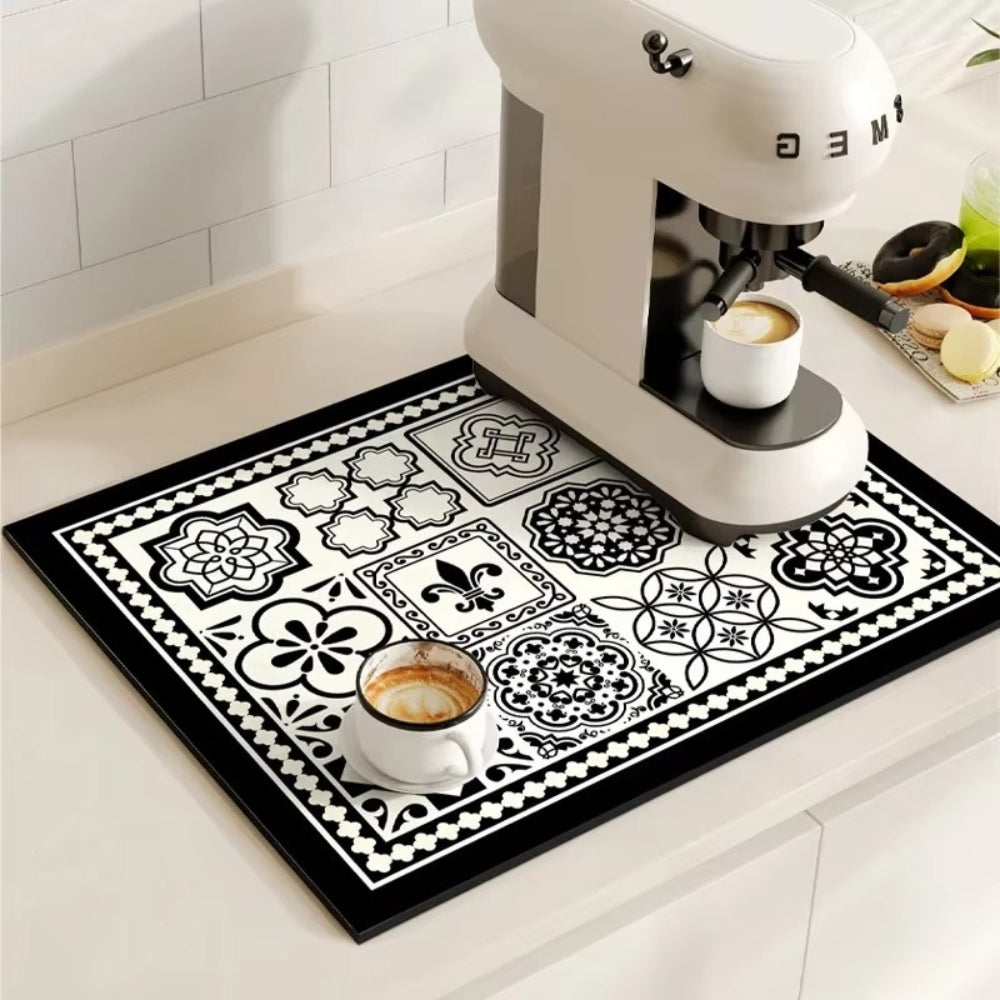 Retro Tile Print Absorbent Coffee Mat, Quick-Dry Drying Mat