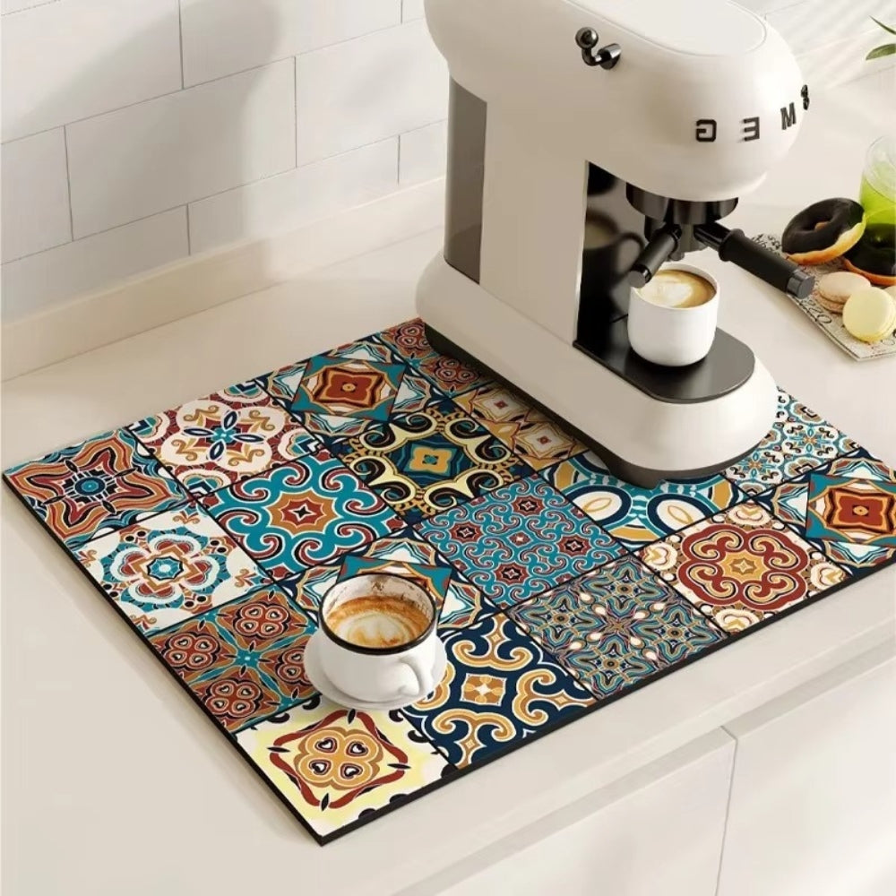 Retro Tile Print Absorbent Coffee Mat, Quick-Dry Drying Mat