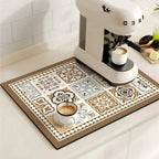 Retro Tile Print Absorbent Coffee Mat, Quick-Dry Drying Mat