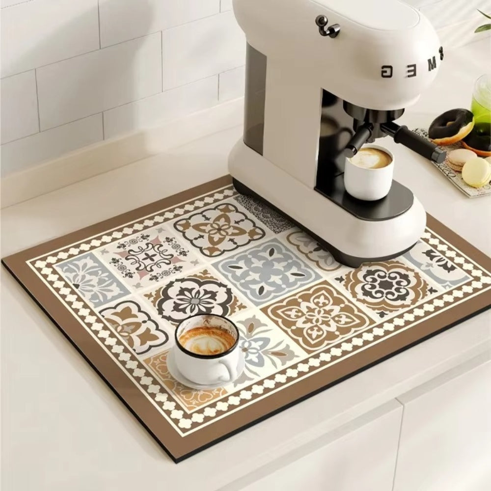 Retro Tile Print Absorbent Coffee Mat, Quick-Dry Drying Mat
