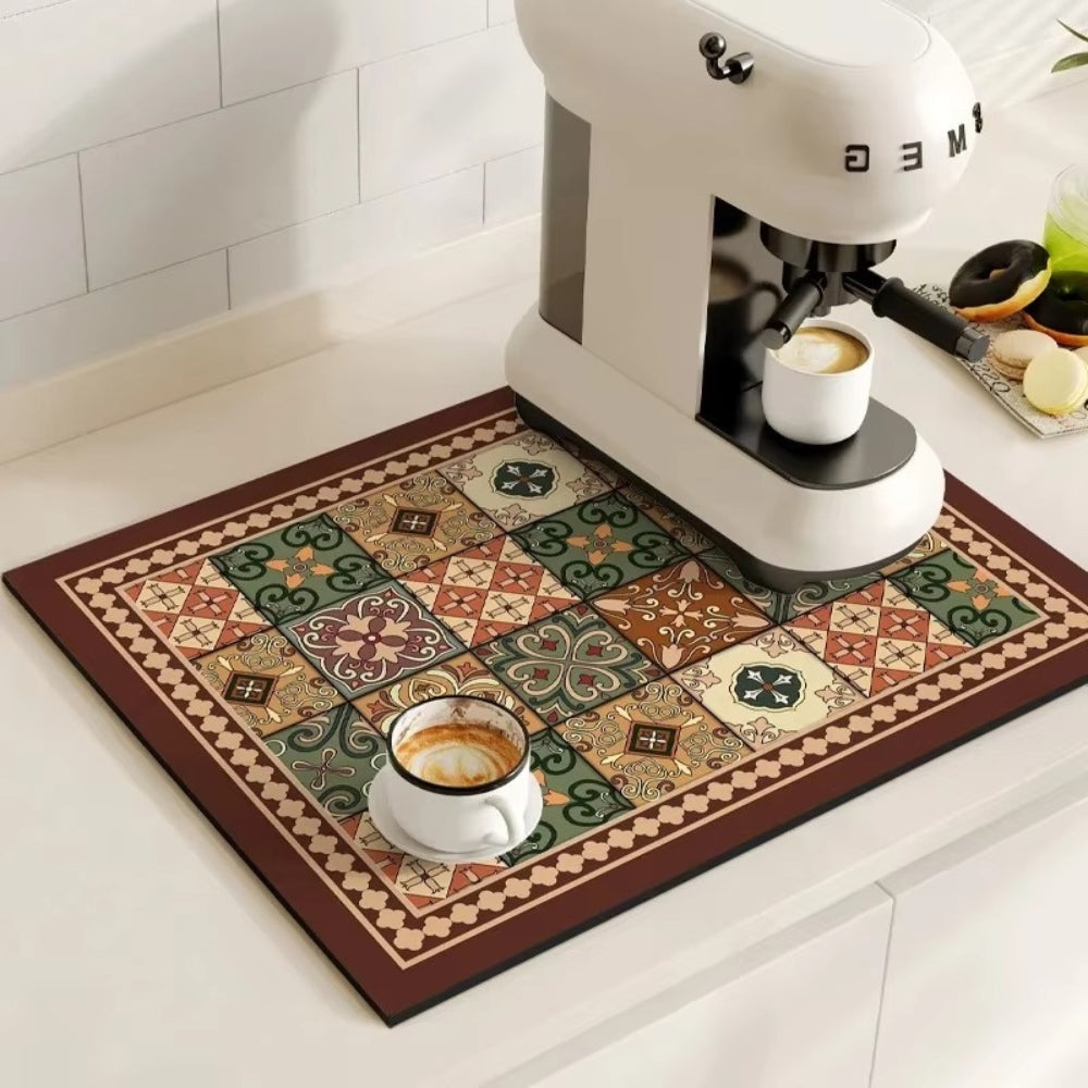Retro Tile Print Absorbent Coffee Mat, Quick-Dry Drying Mat