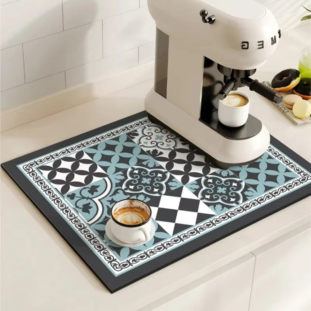 Retro Tile Print Absorbent Coffee Mat, Quick-Dry Drying Mat