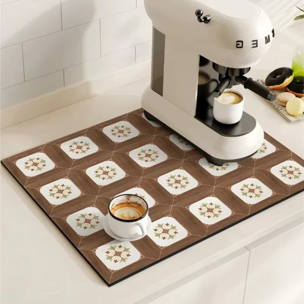 Retro Tile Print Absorbent Coffee Mat, Quick-Dry Drying Mat