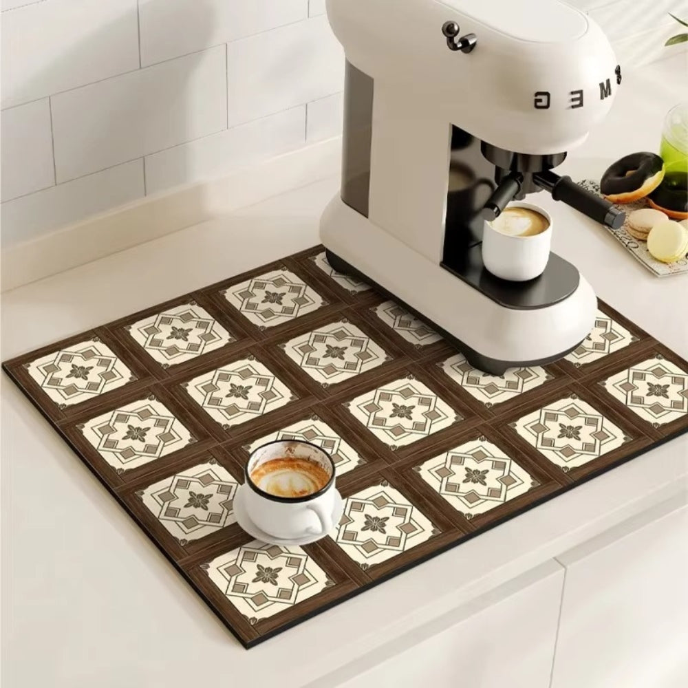 Retro Tile Print Absorbent Coffee Mat, Quick-Dry Drying Mat