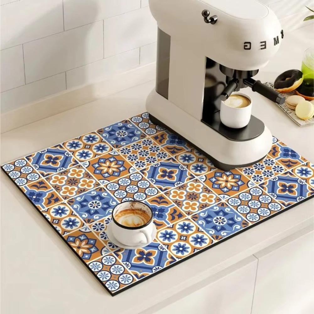 Retro Tile Print Absorbent Coffee Mat, Quick-Dry Drying Mat