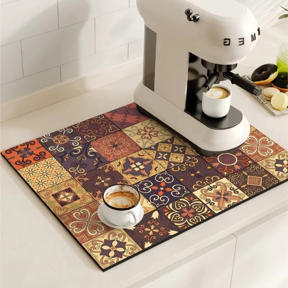 Retro Tile Print Absorbent Coffee Mat, Quick-Dry Drying Mat