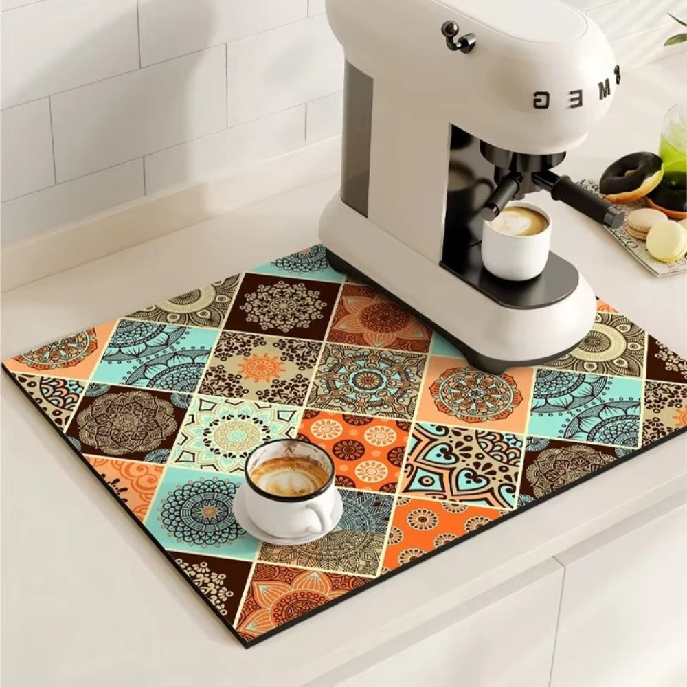 Retro Tile Print Absorbent Coffee Mat, Quick-Dry Drying Mat