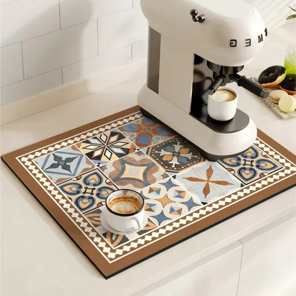 Retro Tile Print Absorbent Coffee Mat, Quick-Dry Drying Mat