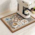 Retro Tile Print Absorbent Coffee Mat, Quick-Dry Drying Mat
