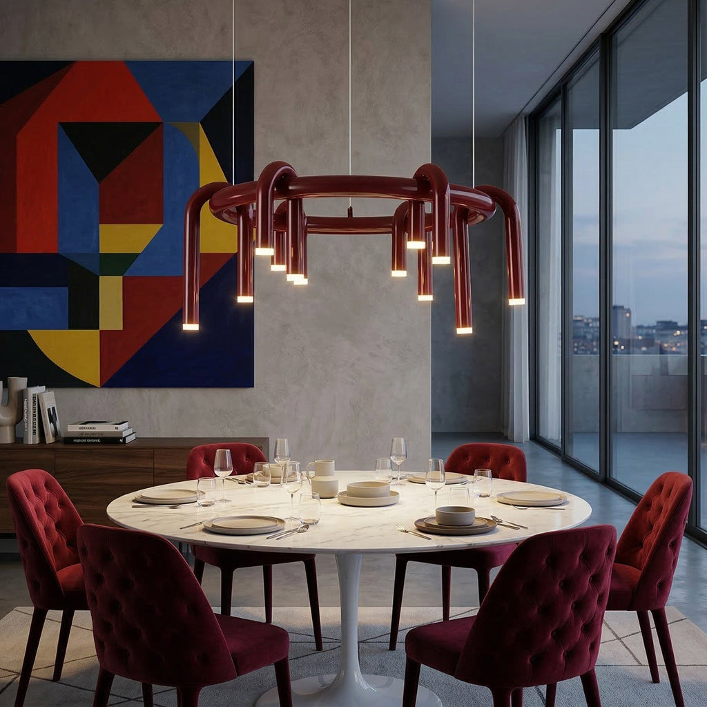 U-Tube LED Chandelier in Matt Red Metal, 12 Lights