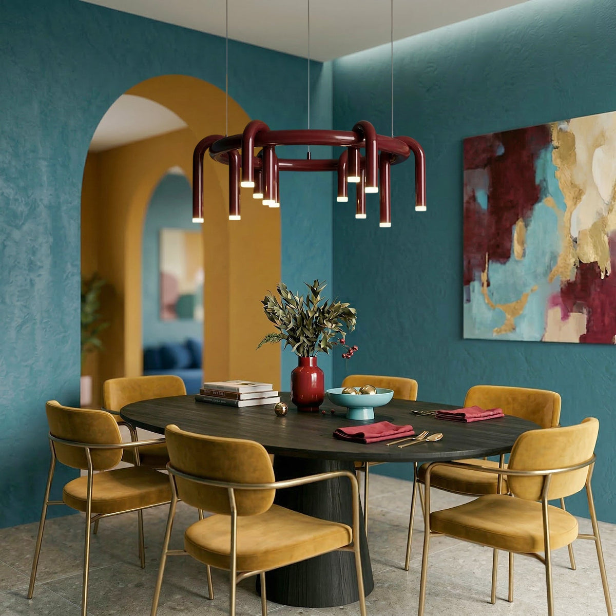 U-Tube LED Chandelier in Matt Red Metal, 12 Lights