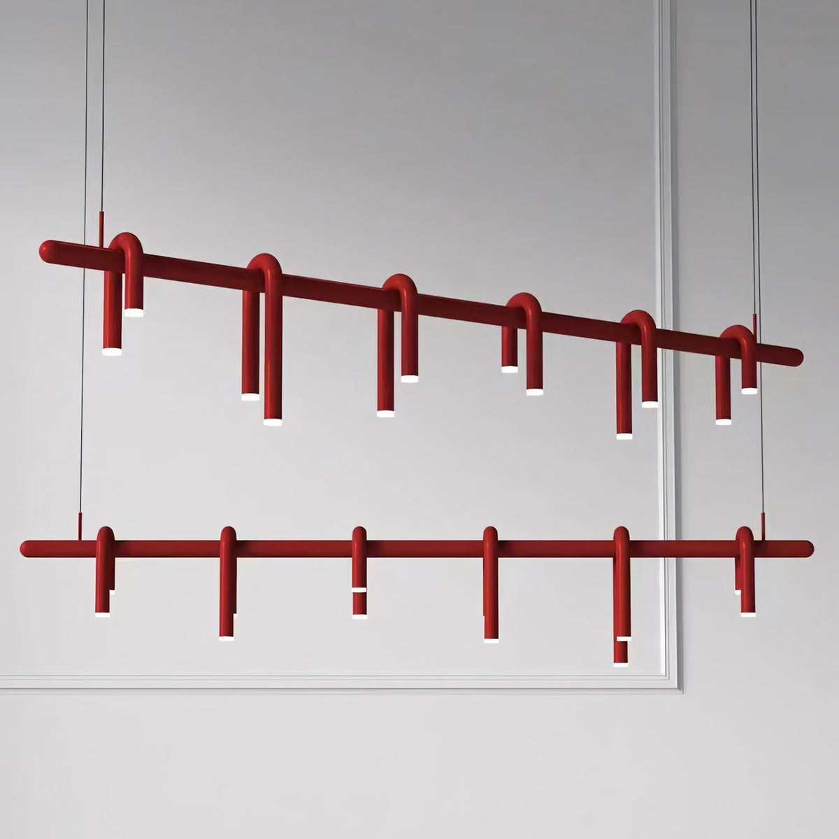 U-Tube LED Chandelier in Matt Red Metal, 12 Lights