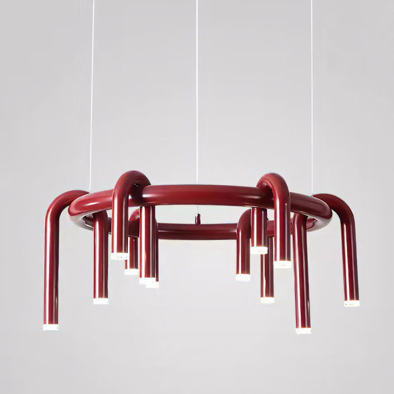 U-Tube LED Chandelier in Matt Red Metal, 12 Lights