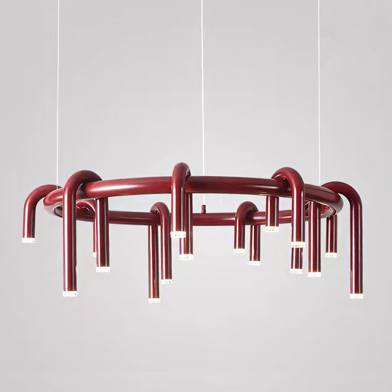 U-Tube LED Chandelier in Matt Red Metal, 12 Lights