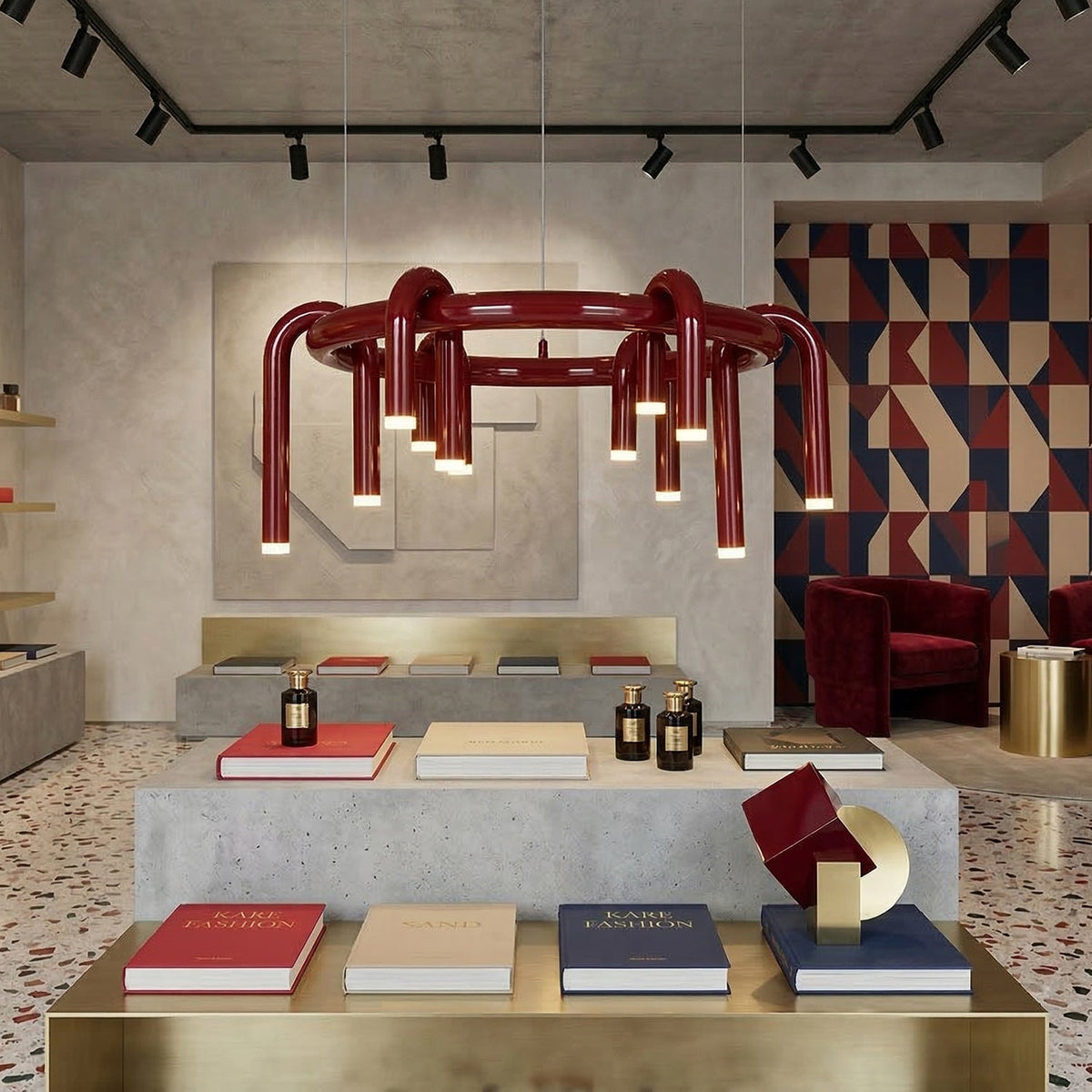 U-Tube LED Chandelier in Matt Red Metal, 12 Lights
