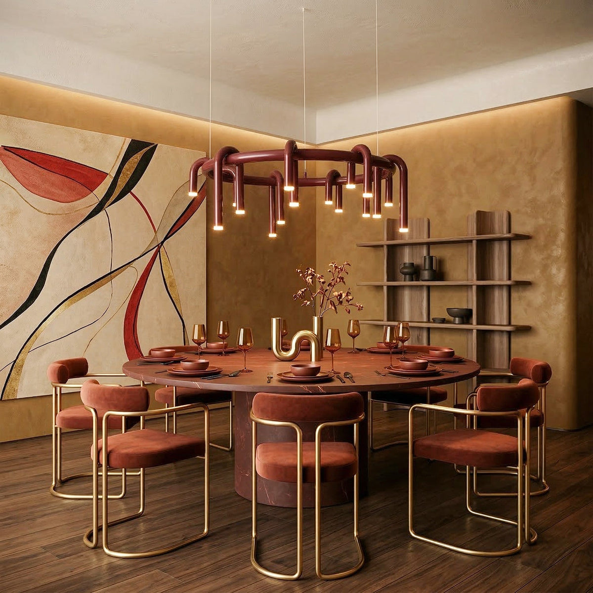 U-Tube LED Chandelier in Matt Red Metal, 12 Lights