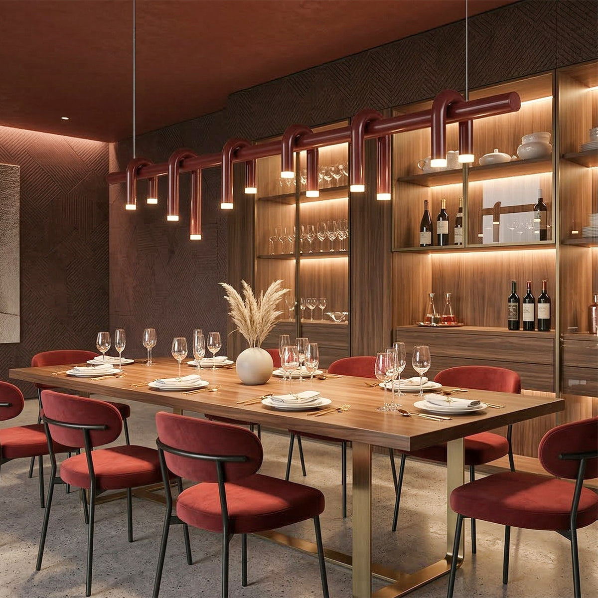 U-Tube LED Chandelier in Matt Red Metal, 12 Lights