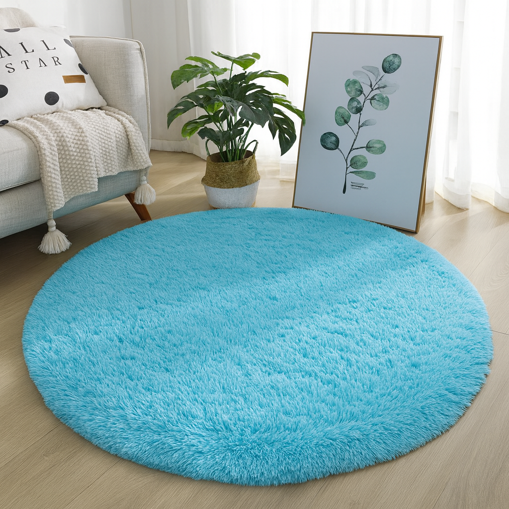 Round Silk and Wool Blend Rug, Handwoven in Neutral Tones