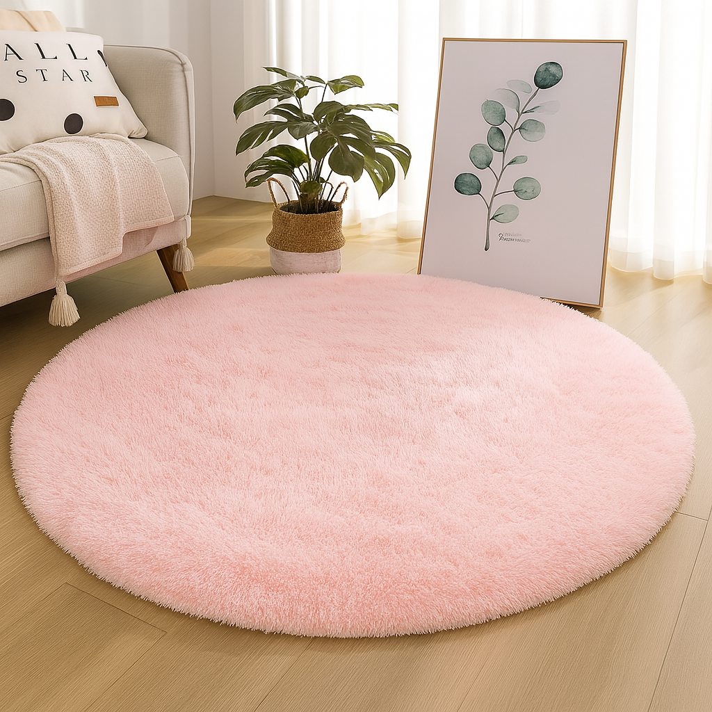 Round Silk and Wool Blend Rug, Handwoven in Neutral Tones