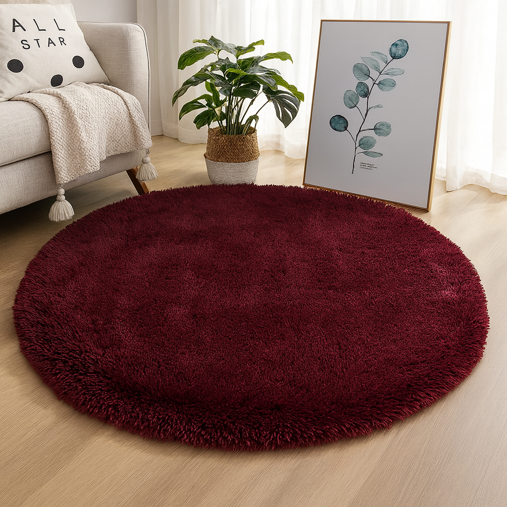 Round Silk and Wool Blend Rug, Handwoven in Neutral Tones