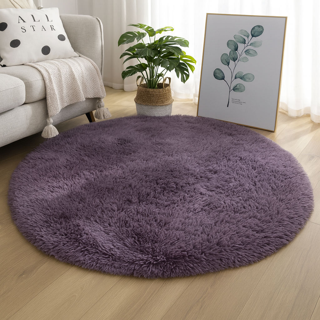 Round Silk and Wool Blend Rug, Handwoven in Neutral Tones