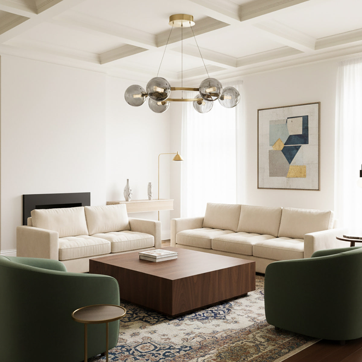 Modern Ring Chandelier with Glass Shades, 6 or 8 Lights