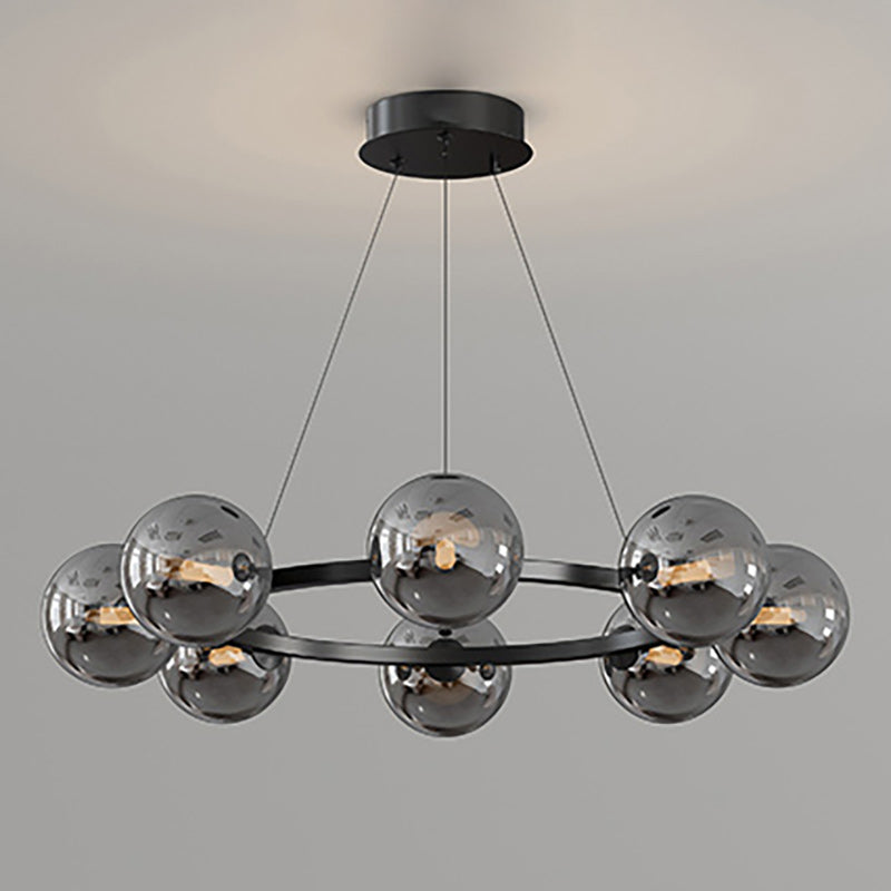 Modern Ring Chandelier with Glass Shades, 6 or 8 Lights