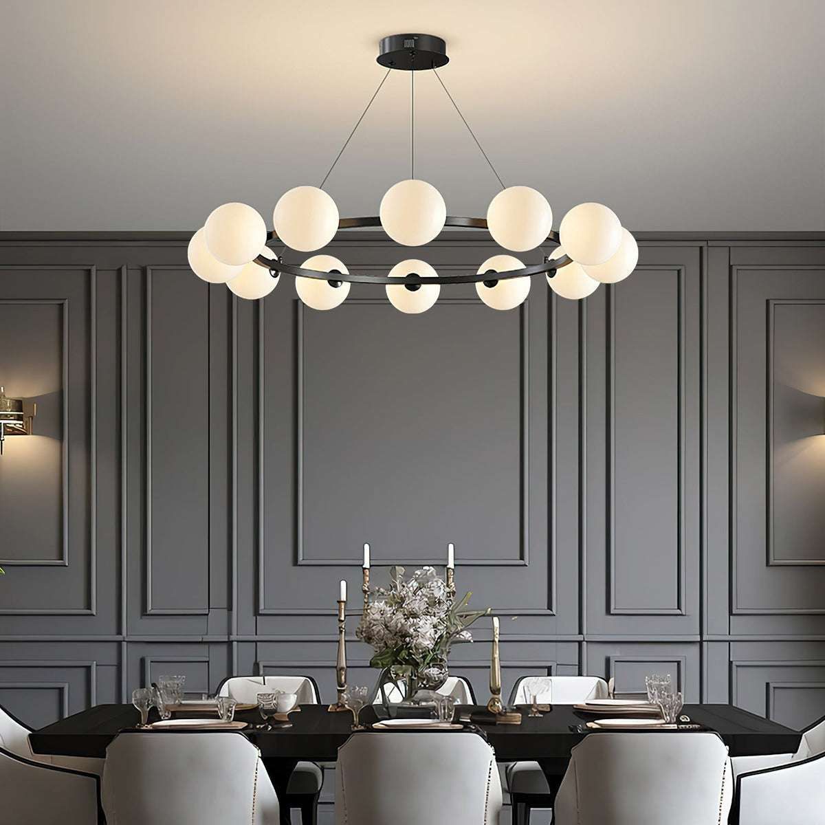 Modern Ring Chandelier with Glass Shades, 6 or 8 Lights