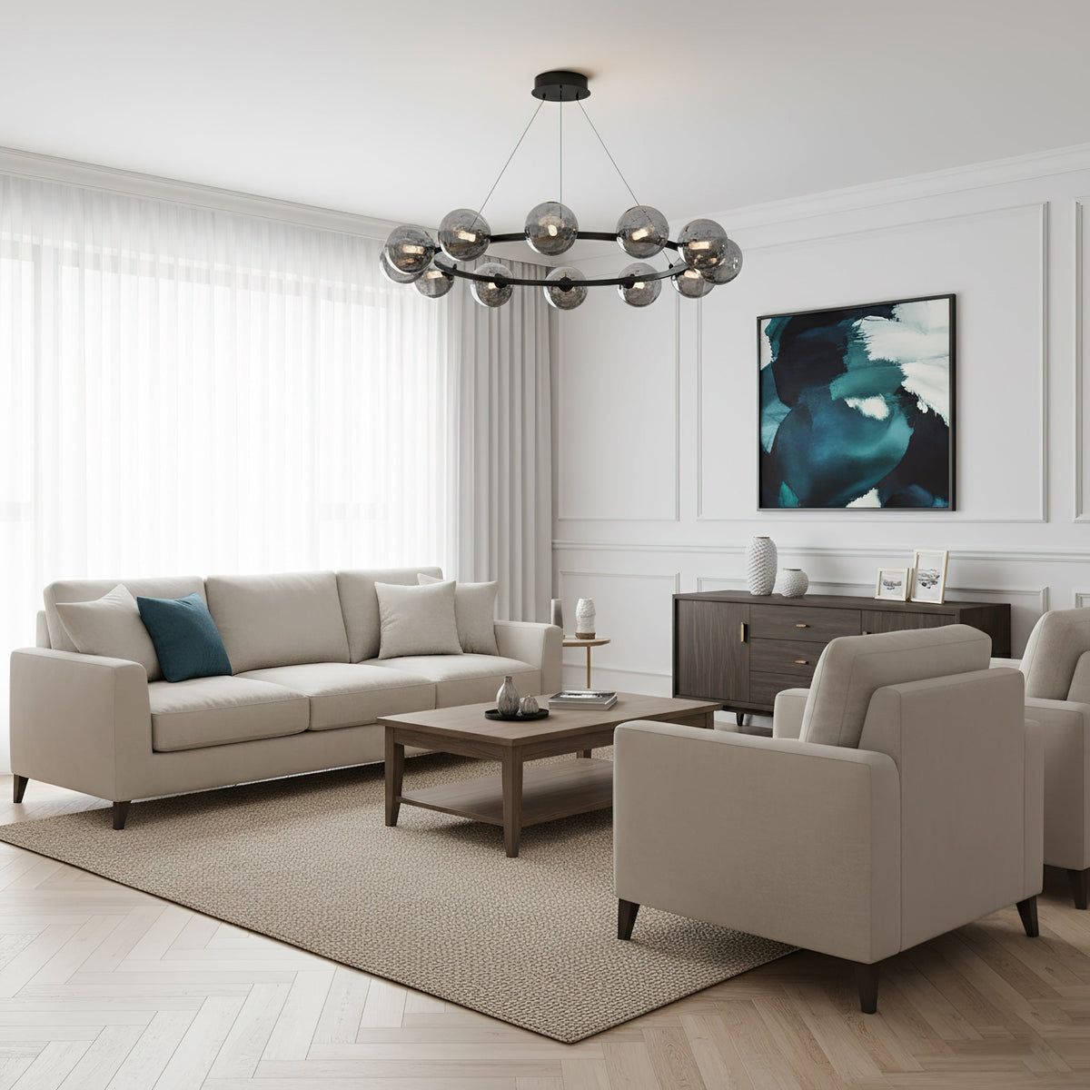 Modern Ring Chandelier with Glass Shades, 6 or 8 Lights